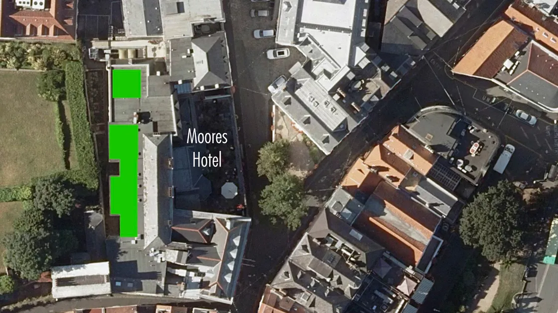 Moores Hotel is a listed building so the proposed site for the solar panels has been selected carefully and they would be visible only from tall buildings up the hill. (Image courtesy of Digimap)