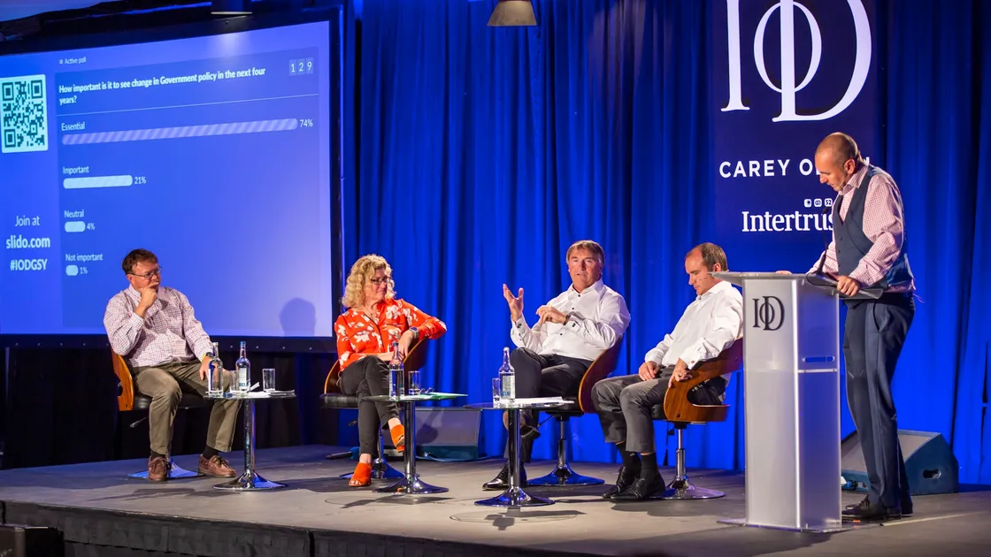 The IoD mid-term event at Beau Sejour focusing on what Guernsey’s business community considers to be the top priorities ahead of the general election. Left to right, panellists Martyn Dorey, Gill Morris, Wayne Bulpitt and Chris Green, with moderator James Falla. (Picture by Sophie Rabey, 28696509)