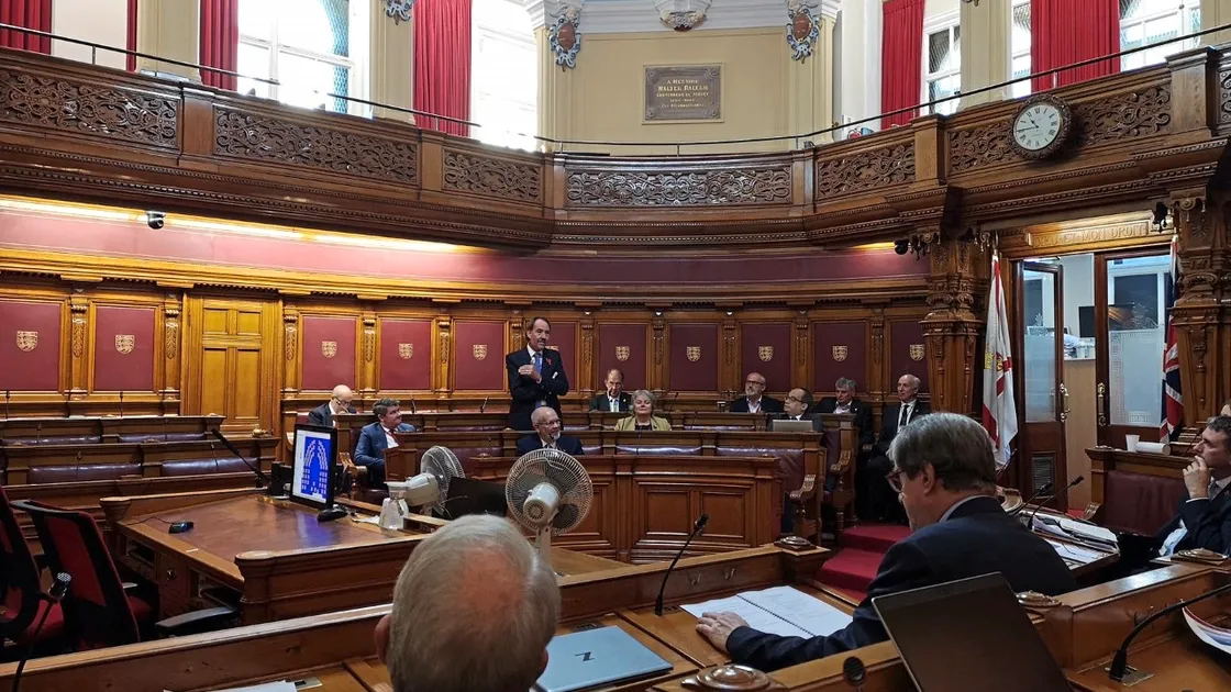 Deputy Steve Falla led the seven-strong Guernsey delegation to the Crown Dependencies Network event in Jersey, which involved three days of meetings, including a visit to Jersey’s States chamber. (Picture supplied by Emma Atkinson)
