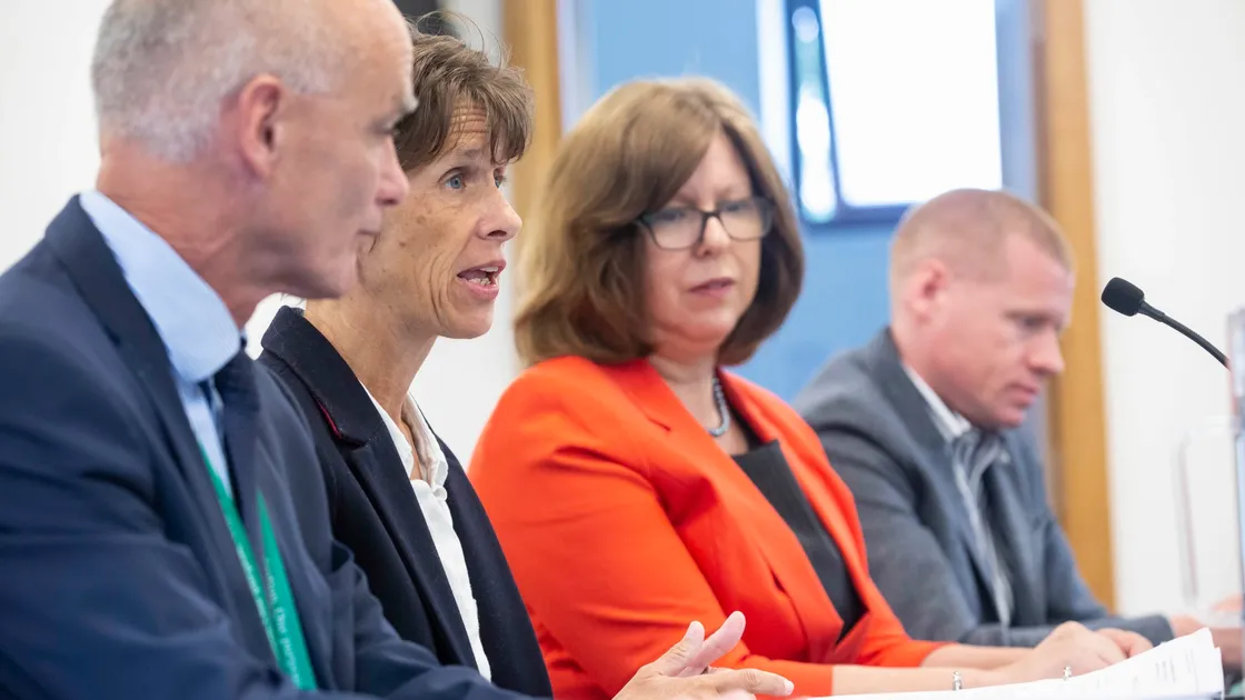 President of Health & Social Care Heidi Soulsby speaking at the Scrutiny hearing held yesterday. She is flanked by Dr Peter Rabey and Dr Nicola Brink. (Picture by Peter Frankland, 28465939)
