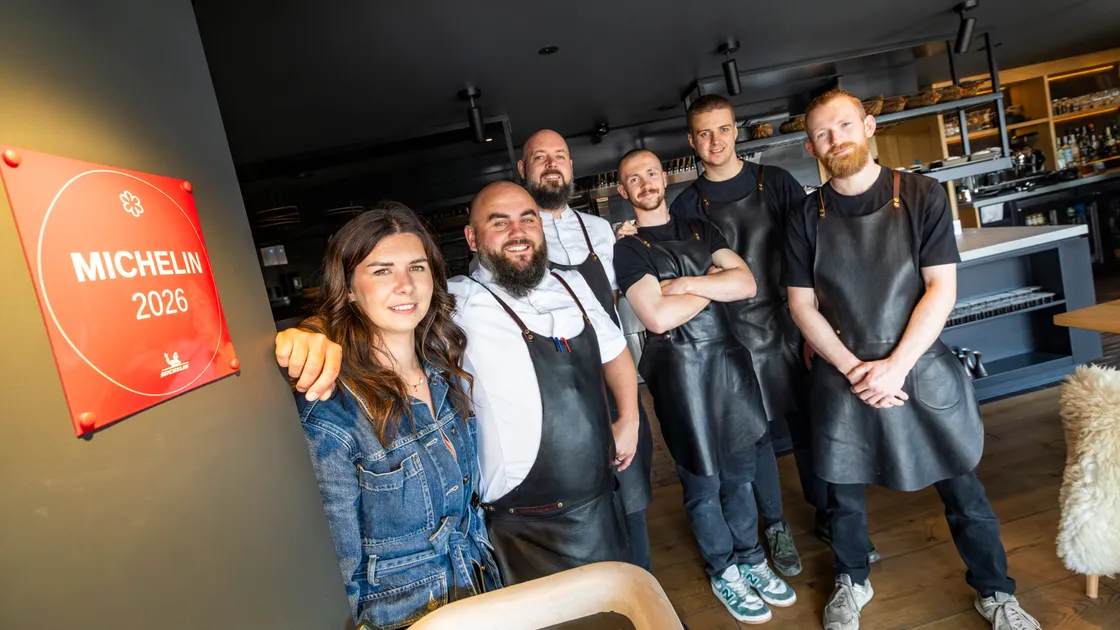 Two months after being awarded their Michelin star, the red plaque is now proudly on display at Vraic. Left to right, Hollie and Nathan Davies, Kuba Biskup, Ben Holland, Max Davies and Sam Munstermann.