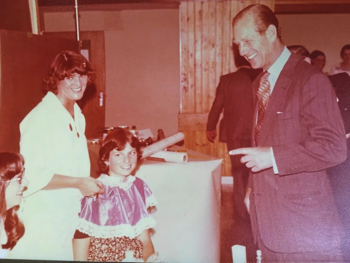 Deborah Gallienne-Ward met Prince Philip during his and the Queen’s visit to La Mare De Carteret Secondary School in 1978. Standing is Pat Janes, who was showing her how to apply make-up as part of the DofE award scheme.