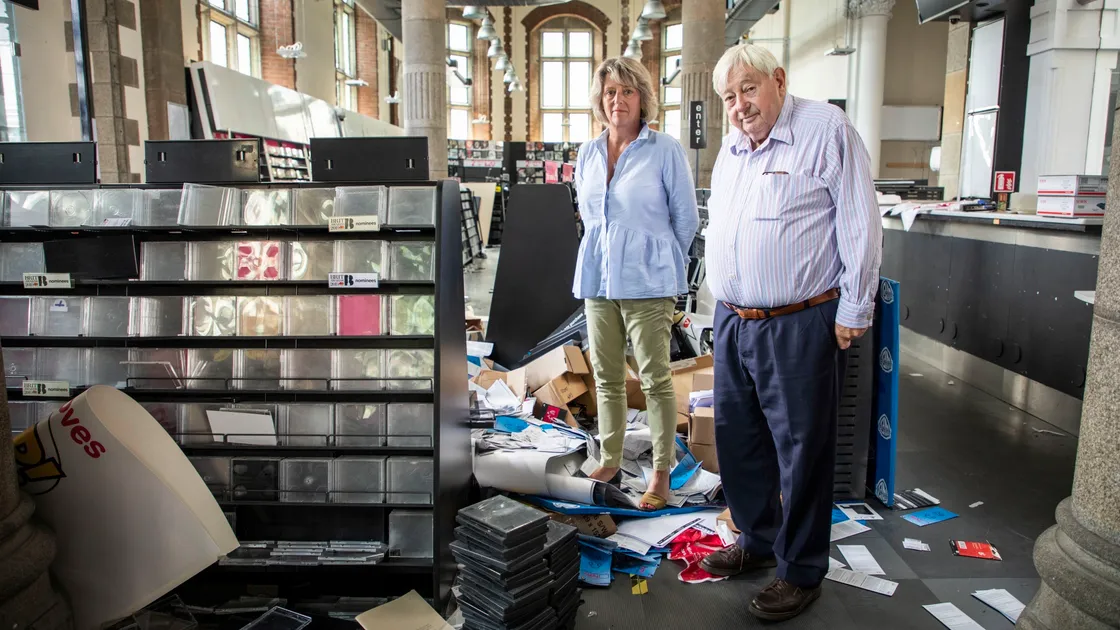 Bailiwick Estates director Sonia Taylor and Brett Allen, of Markets developer McAulay Ltd, surrounded by the shop fittings left behind when HMV surrendered the lease. Administrator KPMG has denied it is responsible for clearing the shop.  (Picture by Sophie Rabey, 25488332)