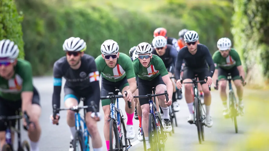 Josh Saunders, second from right in the black outfit, won his second race in the space of a week in the Liberation Day Road Race. (Picture by Peter Frankland, 29528007)