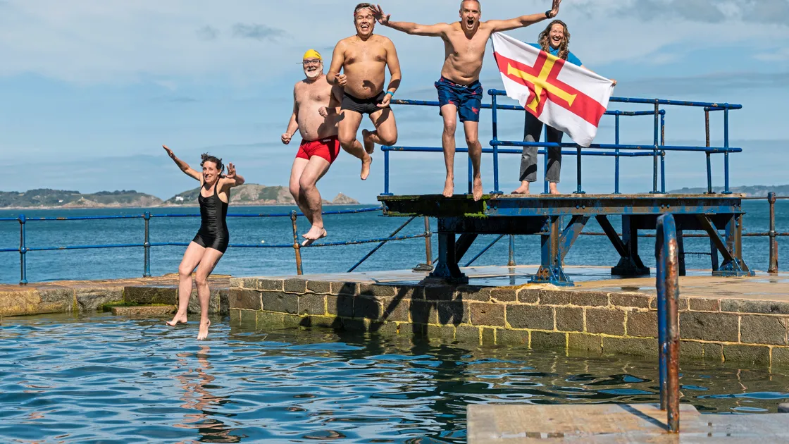 Left to right, Lindsay De Sausmarez, Adrian Sarchet, Mark Torode, Laurie Watson and Helen Bonner-Morgan at La Vallette’s diving board.