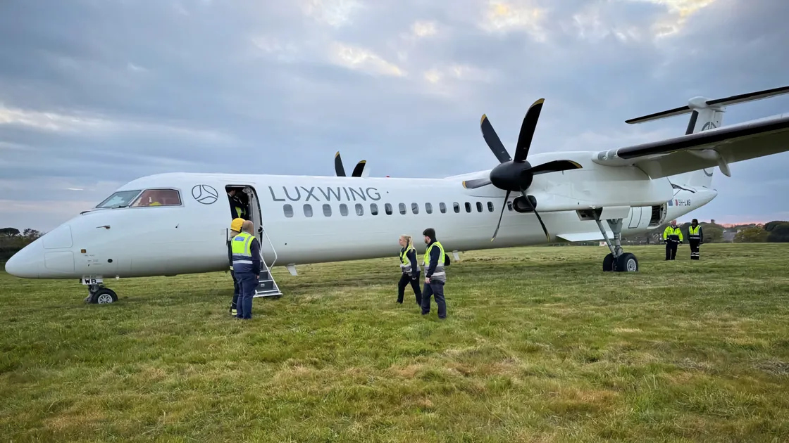 The leased Luxwing Dash-8 which came to rest off the end of the runway.