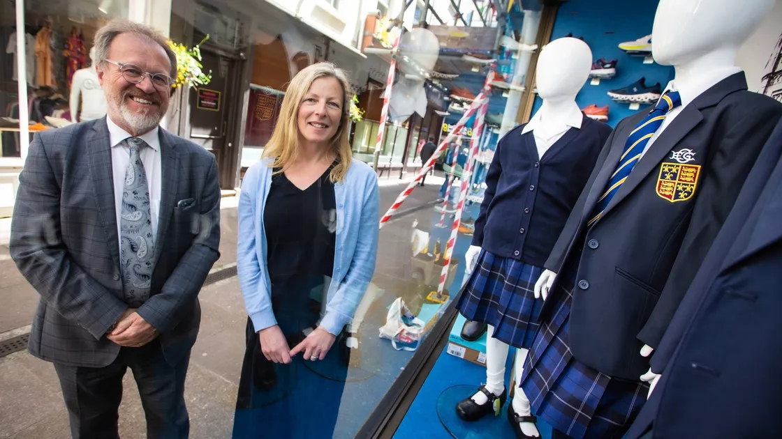 The new School uniform for Elizabeth College girls has gone on sale at Fletcher Sports in Town. Rick James is the Acting Principal and Julie Dittmar is Head of Sixth Form Designate. (Picture by Peter Frankland, 29564041)