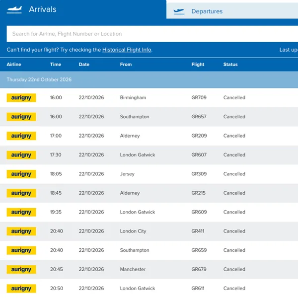 Aurigny’s 14:40 to Gatwick is set to be the last departure from Guernsey Airport on Thursday, with all other remaining flights cancelled.