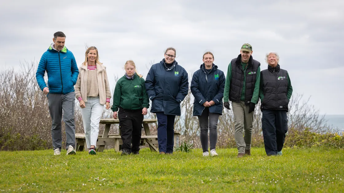 Grow’s Green Miles is a new initiative asking people to walk at least one mile every day for the month of May. Pictured left to right, walk ambassadors Warren Mauger and Jo Hollyer-Hill, Grow crew member Charlotte Ives, Jessi Jennings and Charlotte Burgoine from the Guernsey Nature Commission, Grow crew member Tom Lowe and Grow general manager Mandy Mackelworth. 				 (Picture By Peter Frankland, 34695341)