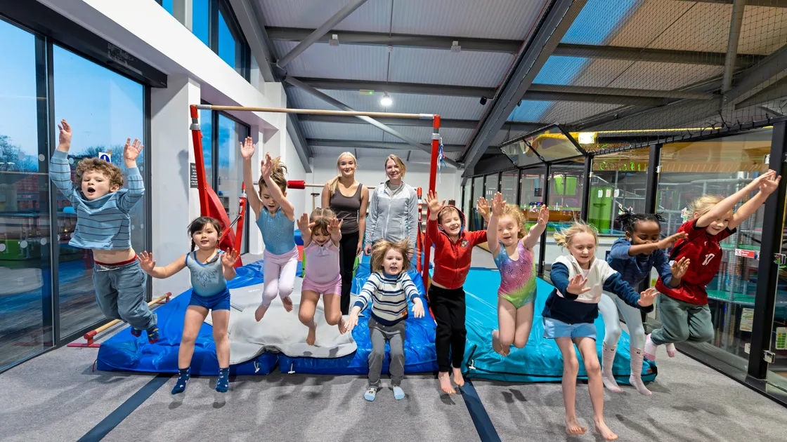 Children from the Island Gymnastics group are pleased to have found a new home on the top floor of Oaty and Joey’s Playbarn. Pictured at the back are coach Elinor Toms, left, and Island Gymnastics owner Anna Petts