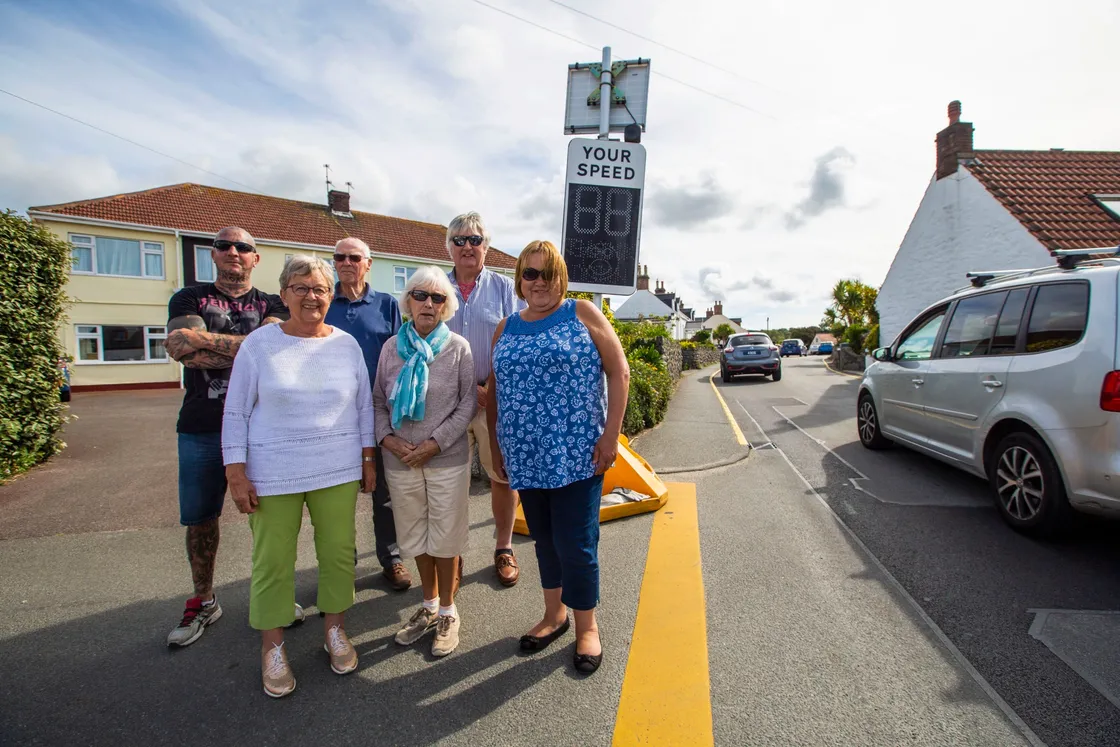 Picture by Sophie Rabey.  07-09-20.  Residents of Rue du Bouverie are upset that their street has now been turned into race track and always full of traffic due to the road closures around Cobo and new diversions..L-R Craig Horey, Lucy Vaudin, Peter Vaudin, Sue Sykes, Ricky Guilmoto and Sue Edmonds.. (28663373)