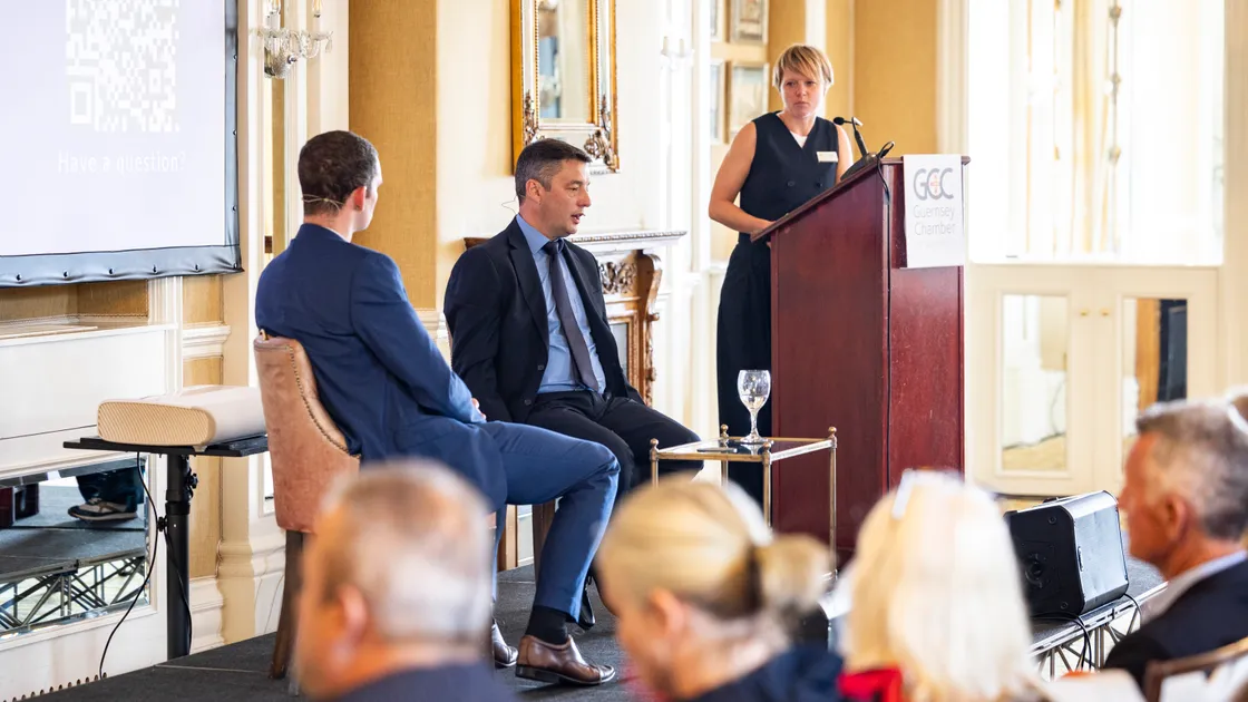 States chief executive Boley Smilie, centre, at the Guernsey Chamber of Commerce lunch event on Friday entitled ‘What’s the Plan, Boley?’