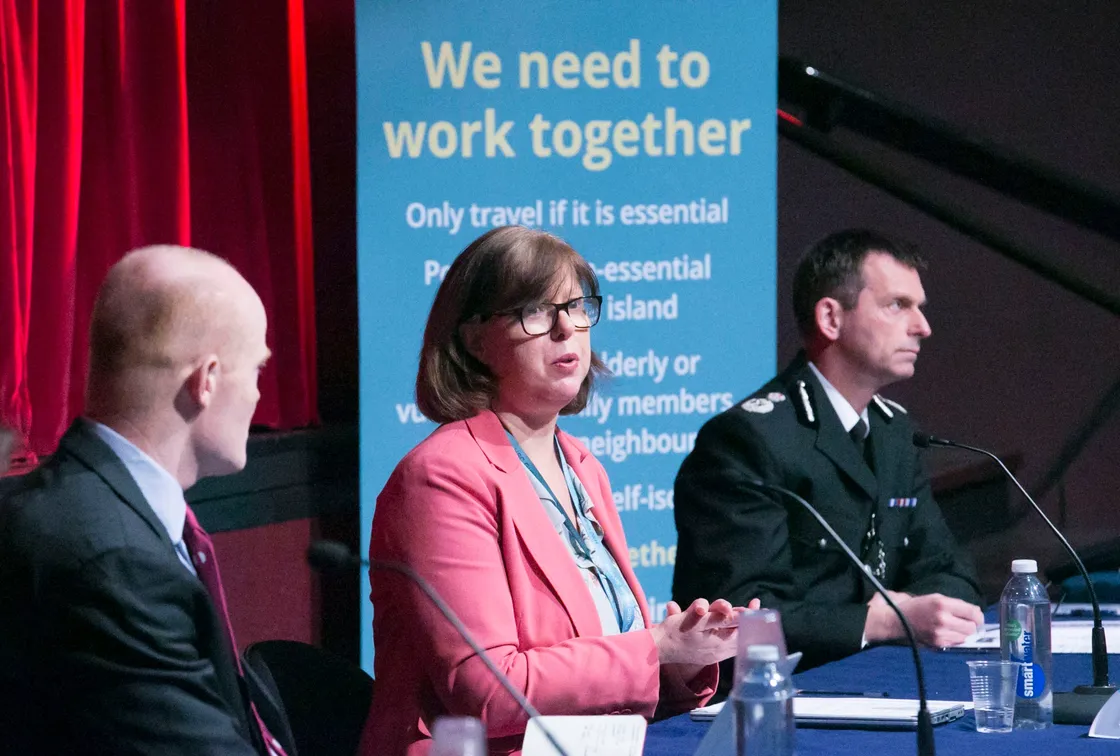 Pic by Adrian Miller 03-04-20  Beau Sejour Press conference update on Coronavirus - L>R Gavin St Pier, Dr Nicola Brink and Ruari Hardy. (27868807)