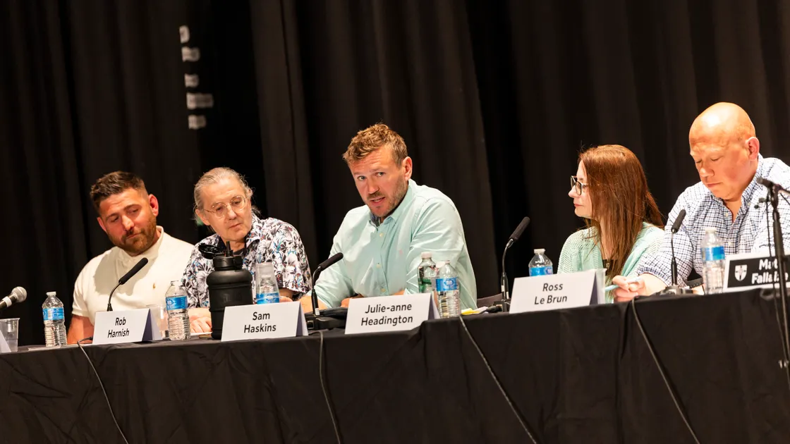 Sam Haskins answers a question at the Guernsey Press by-election hustings at Les Beaucamps. 	 (Picture by Sophie Rabey, 34723532)