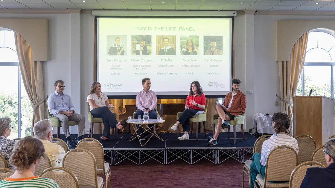 Students and graduates were invited to the Gradroutes Guernsey event at Les Cotils showcasing careers and economic opportunities on-island for returning graduates. Left to right, Nick Hodgson, Tatiana Tostevin, Ed Miller, Elsie Lister and panel moderator Dan Gallienne.