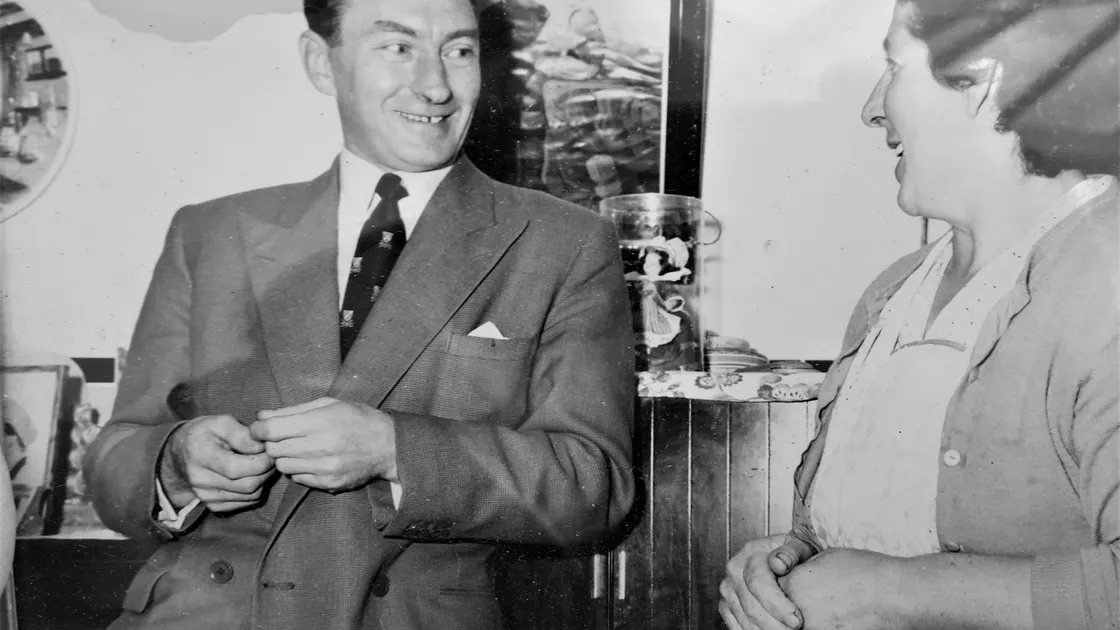 More relaxed times for Sgt Sterling as he reunited with Myra Brouard in her St Saviour’s home, which he visited after parachuting on to Lihou Island in 1941. Picture supplied by Tim Osborne.