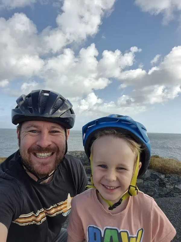 Sam Nichols, pictured with his five-year-old son Jesse. Mr Nichols gave up his lunch break to help repair the balance bike set-up at Beau Sejour, as soon as he heard about the damage done to the new initiative.