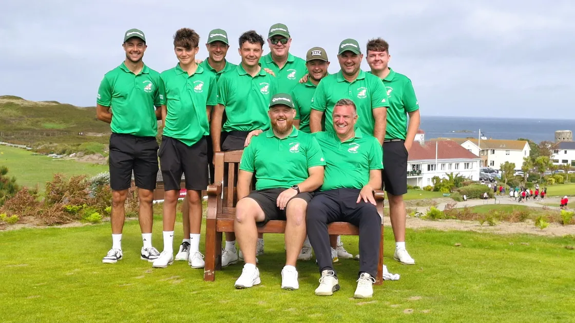 The victorious Guernsey team. Standing, left to right: Jack Mitchell, Josh Neville, Danny Blondel, Jeremy Nicolle, Dave Jeffery, Sean Mills (reserve), Jamie Blondel, Lewis Marley. Seated: Tom Le Huray and Danny Bisson. Andy Eggo was already in the shower.
