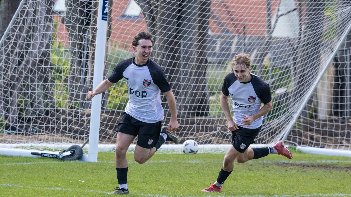 Casey Nixon celebrates after scoring the second goal for Jersey Wanderers in their 3-1 win over North.