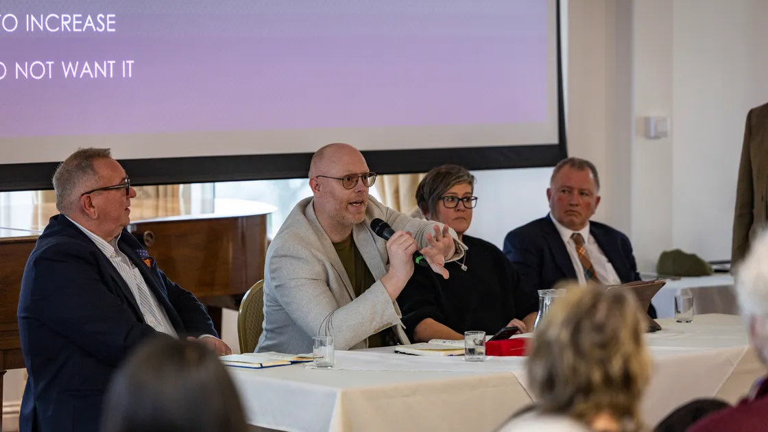 Deputy Rob Curgenven, flanked by Simon Vermeulen left, Haley Camp and Liam McKenna at the public presentation
