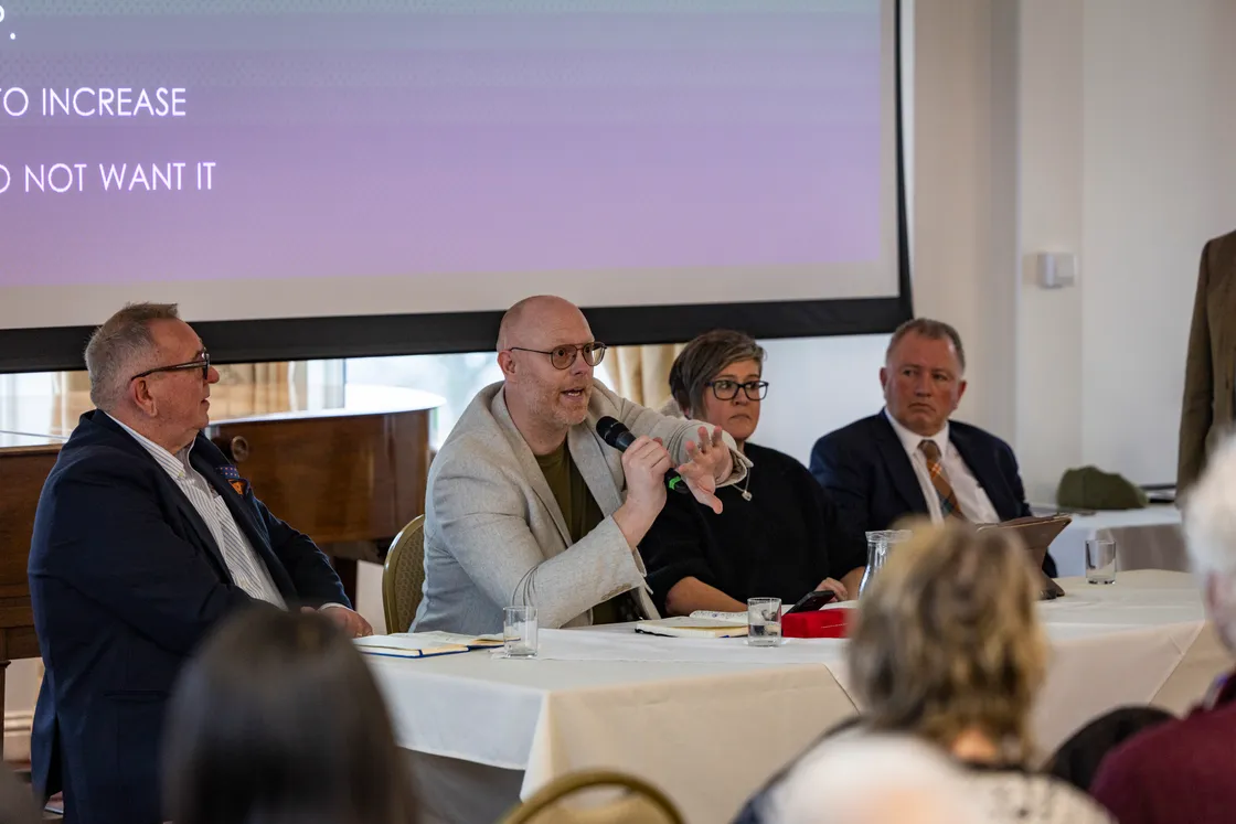 Deputy Rob Curgenven, flanked by Simon Vermeulen left, Haley Camp and Liam McKenna at the public presentation