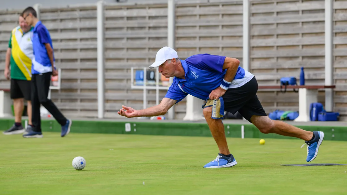Men’s singles champion Peter Priaulx releases a bowl on his way to winning the title at the Corbet Field.
