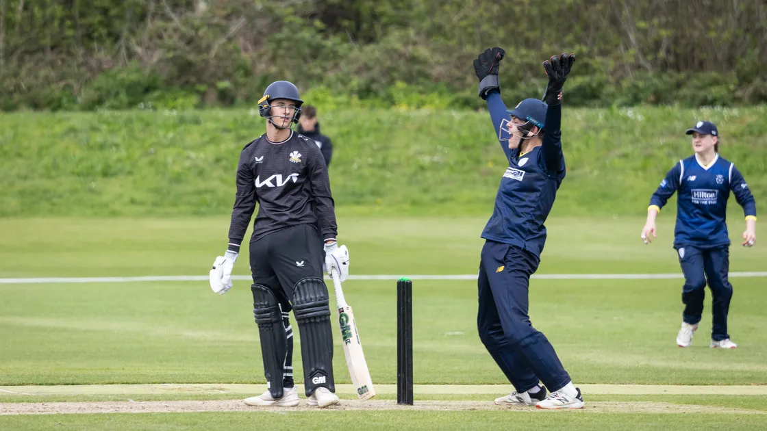 The Hampshire Academy wicketkeeper in strong voice as he appeals for a dismissal against Surrey at the KGV.