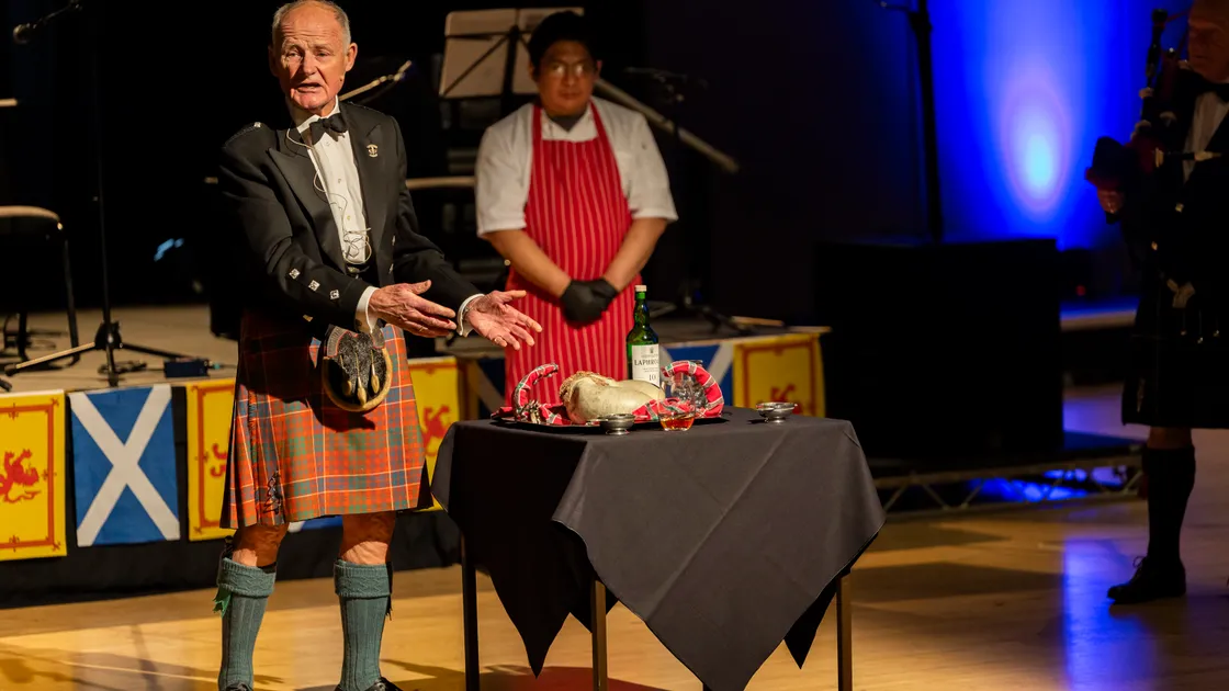 Former Guernsey Scottish Association president Stuart Hardie doing the Address to the Haggis during the GSA’s Burns Night event at Beau Sejour on Saturday