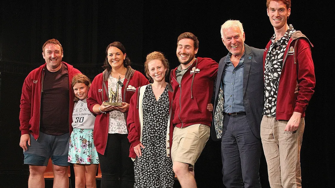The Bad Eggs team with their trophy at the National Drama Awards. Left to right: Berian Jones, Sophie Wallen, Carina Moherndl, Miffy Lane, Dave Wheeler, West End performer Dave Willetts who presented the awards, and Ethan Hitchon.                                                                            (3107421)