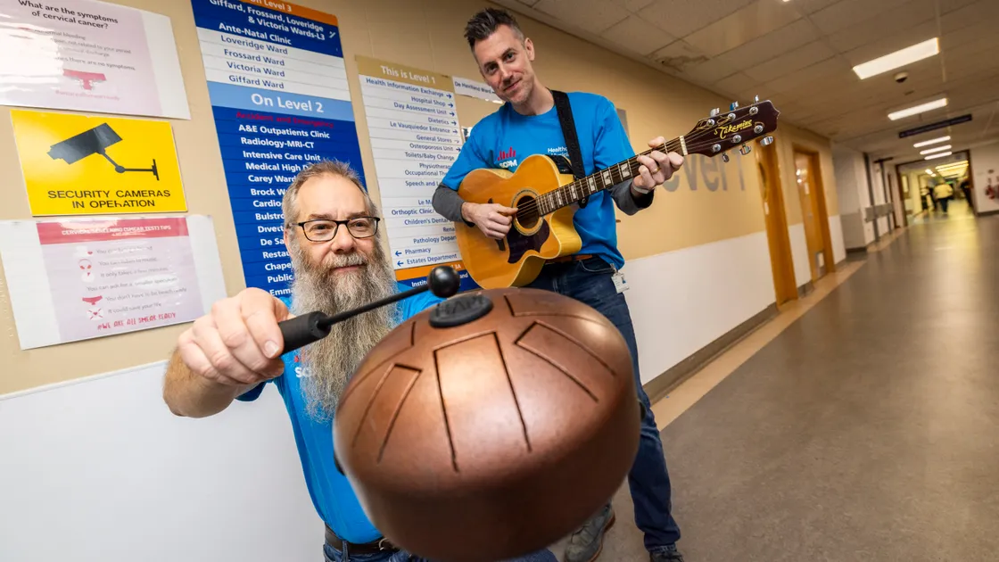 Marcel Lenormand, left, and Mark O’Neill are two trained ‘healthcare musicians’ from the School of Popular Music who perform regularly in the hospital.