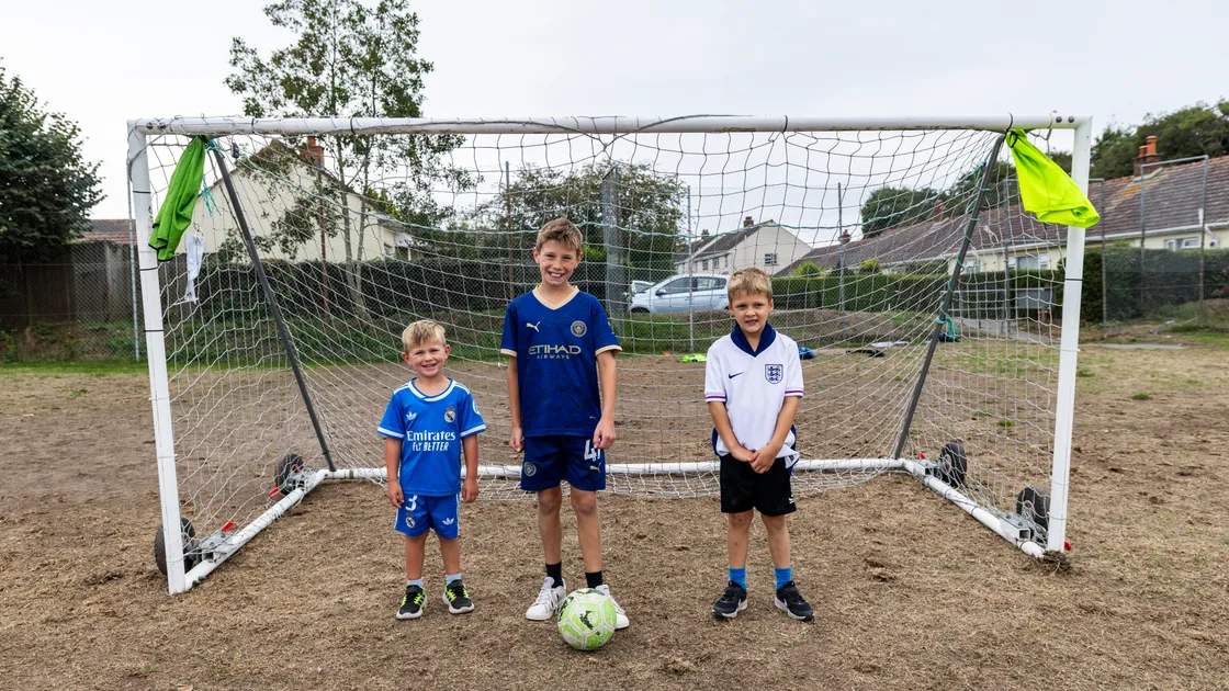 The Sports Commission has set up football goals in the field in St Martin’s next to Rue Jehannet estate for children to enjoy. Left to right, Carter Williams, 4, Parker Williams, 10, and Leo Burbridge, 6.