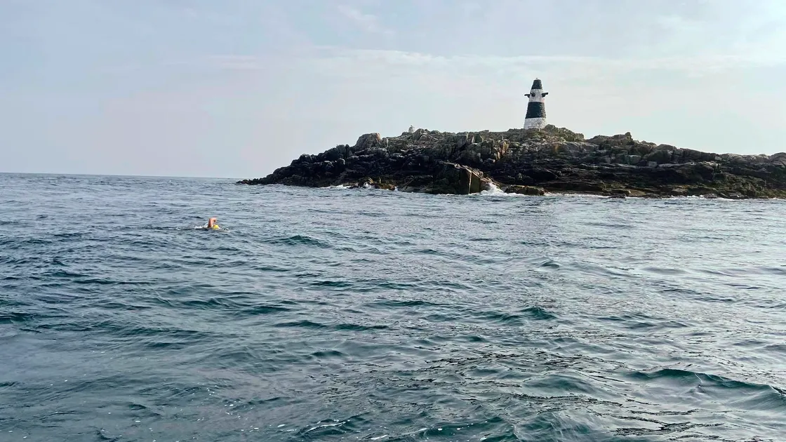 Adrian Sarchet mid-channel on Monday as he attempted to become the first person to swim solo from Guernsey to France. Image supplied by Mandy Macelworth.  (28569964)