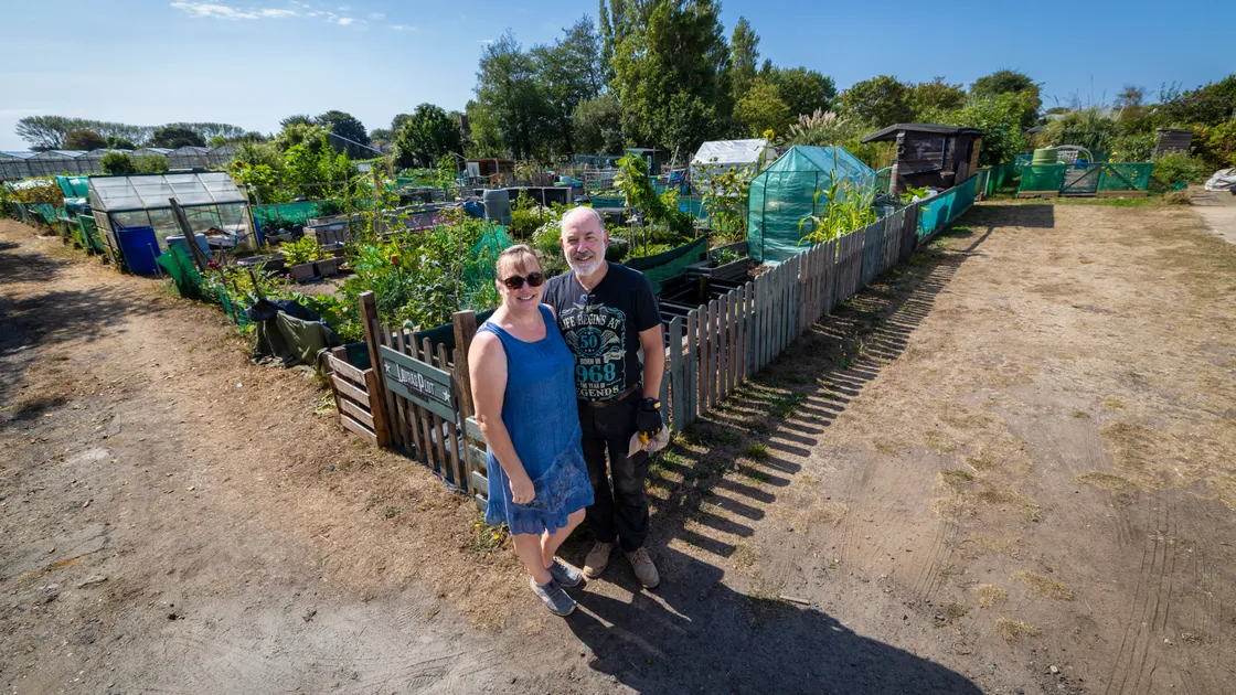 Vale allotment owners Jane and Andy King. The extreme warm weather has been a challenge for growers. ‘It’s the heat. It’s got too much. Last year was bad enough but this year’s been horrendous.’