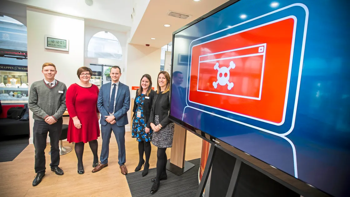 Partners in the battle against cybercrime. Left to right: Ben Spinks, cashier, HSBC, Denise Sutton, economic crime investigator, Guernsey Police, Tom Elliott, digital media investigator, Guernsey Police, Katherine Farmer, retail branch manager, HSBC, and Mhairi Thomsett, country head of retail banking and wealth management, HSBC.(Picture by Peter Frankland, 23176508)