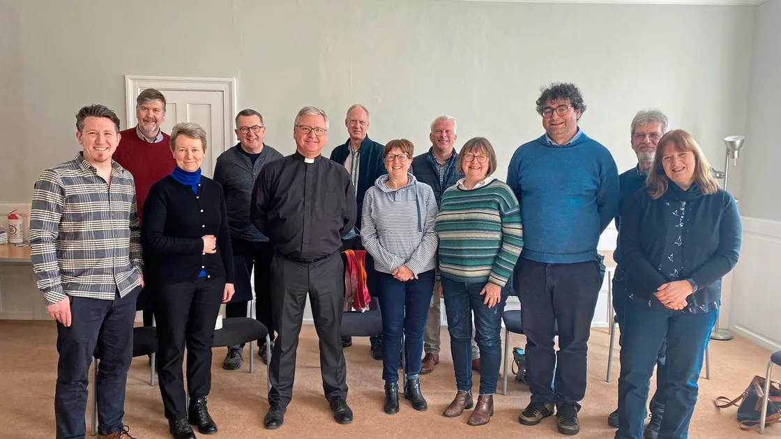 Representatives of Guernsey’s Anglican Church met the future Bishop of Salisbury, Dean Stephen Lake, recently. Left to right: St Martin’s rector the Rev. Daniel Foote, the Dean of Guernsey, the Very Rev. Tim Barker, the Rev. Juliet Robilliard, associate priest at St Andrew’s, the Rev. Peter Graysmith from Town Church and St John’s Church, Mr Lake, the Rev. David Stolton from Sark, the Rev. Beverley Herve, curate at Cobo/Castel, the Rev. Matthew Barrett, Town Church rector and vicar of St John’s, Vice-Dean the Rev. Penny Graysmith, St Peter’s rector the Rev. Dr Adrian Datta, and the Rev. Tony Fowler and the Rev. Jan Fowler from Alderney. (Photograph by the Rev. Claire Claxton, Forest rector)