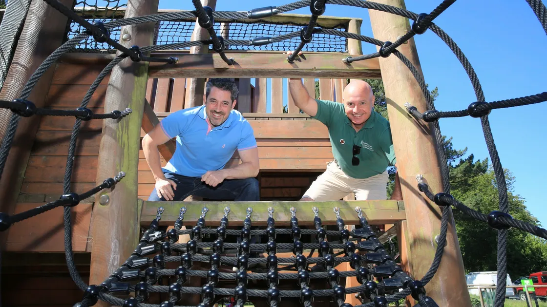 Friends of Saumarez Park committee members Zef Eisenberg, left, and Marco Tersigni and their colleagues had to speed up repairs on the Saumarez Park playground equipment as the permission to reopen took them by surprise. (Picture by Adrian Miller, 28325737)