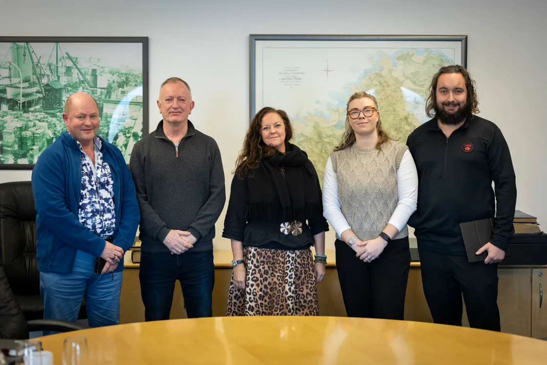 Guests for our tourism round table, from left to right, Will Haegeland, general manager of the Pandora Hotel, Guernsey Hospitality Association president Alan Sillett, Zoe Gosling, lead marketing officer at Visit Guernsey, Charlie Walker, co-chair of the States-funded industry group the Tourism Management Board, and States political tourism lead Deputy Lee Van Katwyk