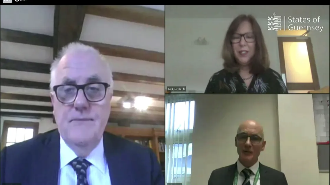 Screenshot of Covid-19 Second Lockdown virtual briefing. Deputy Peter Ferbrache, Dr Nicola Brink and Dr Peter Rabey. (29224586)