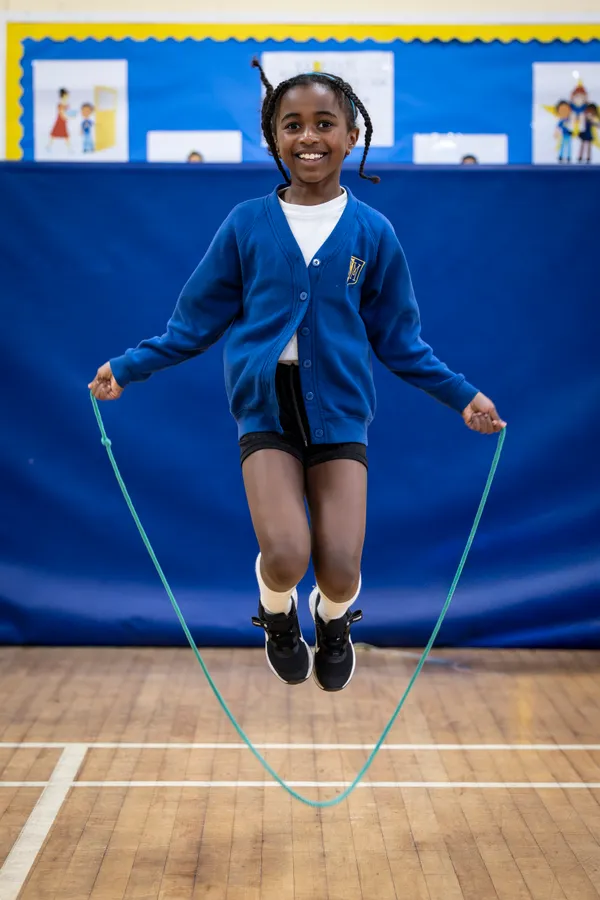 Harper Elliot, 8, taking part in the fundraising Skipathon at St Martin’s School to raise funds for the Lihou House.