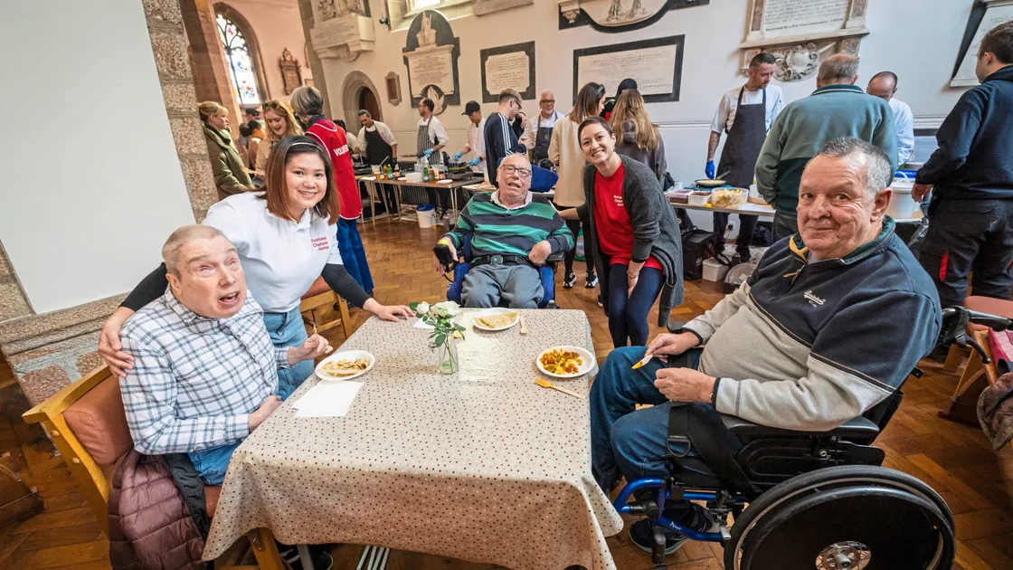 Among the home's residents and staff present were, from left: Colin Elliston, home administrator Nina Locquiao, Robbie Main, carer Jodie le Vallois and Graham Langlois. (Picture by Sophie Rabey, 34066828)