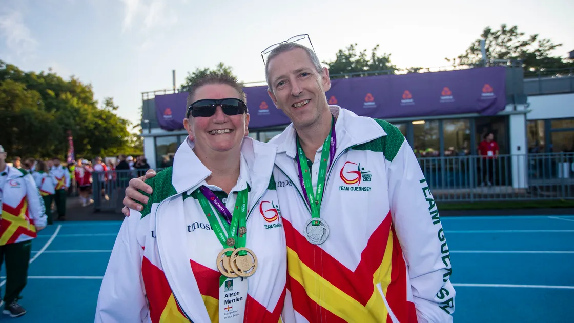 Ali and Ian Merrien pictured together at the Guernsey 2023 home Island Games closing ceremony.