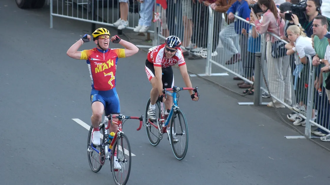 A young Mark Cavendish from the Isle of Man celebrates after clinching victory in the men's criterium at Guernsey 2003.