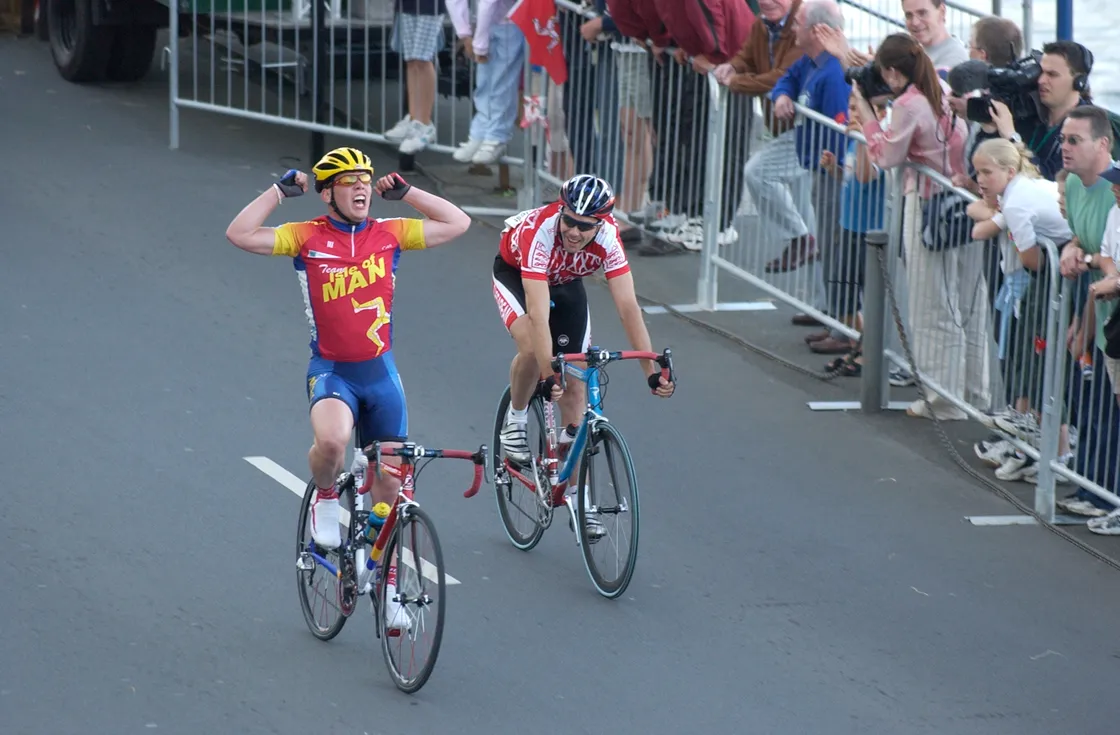 A young Mark Cavendish from the Isle of Man celebrates after clinching victory in the men's criterium at Guernsey 2003.