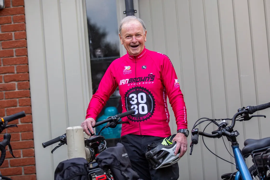 Picture by Sophie Rabey.  01-05-21.  Start of the Ian Browns 30/30 cycling challenge, raising money for Les Bourgs Hospice.  First morning meeting at Oatlands.  Mike Pitcher, aged 78, is completing the challenge for the first time this year. (29501366)