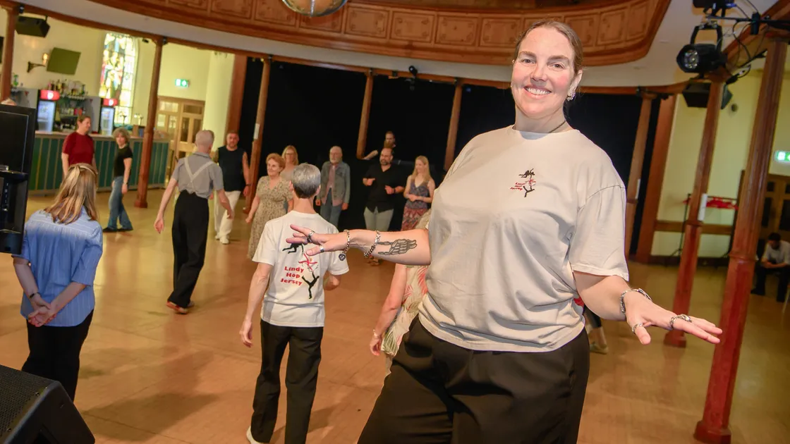 Pam Pearce leading lessons in Lindy Hop and Jive dancing at St James Dance Festival. (Pictures by Andrew Le Poidevin, 34767185)