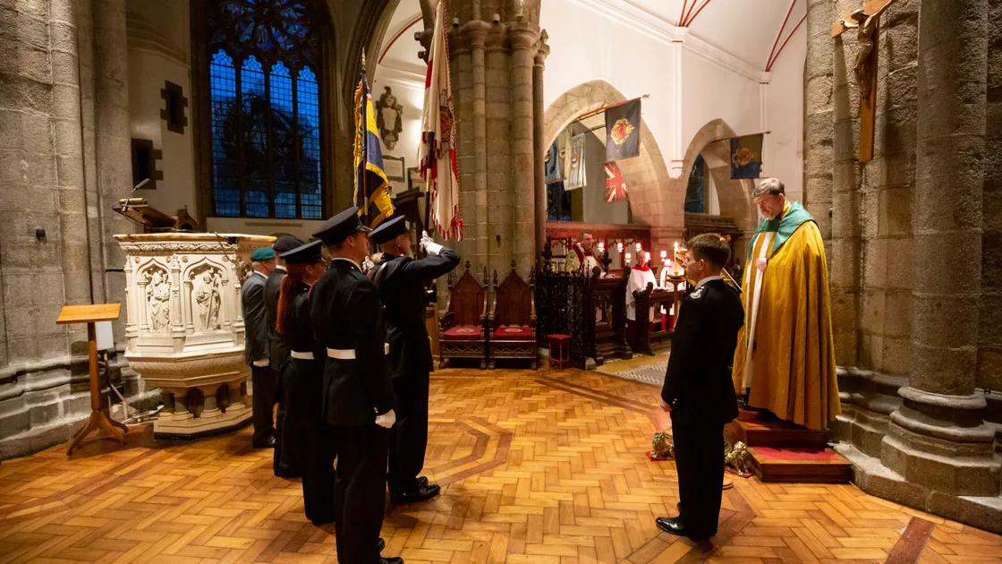 The old standards of the Guernsey branch of the Royal British Legion and the Guernsey Fire & Rescue Service are paraded before being laid up.
(Pictures by Sophie Rabey, 31378011)