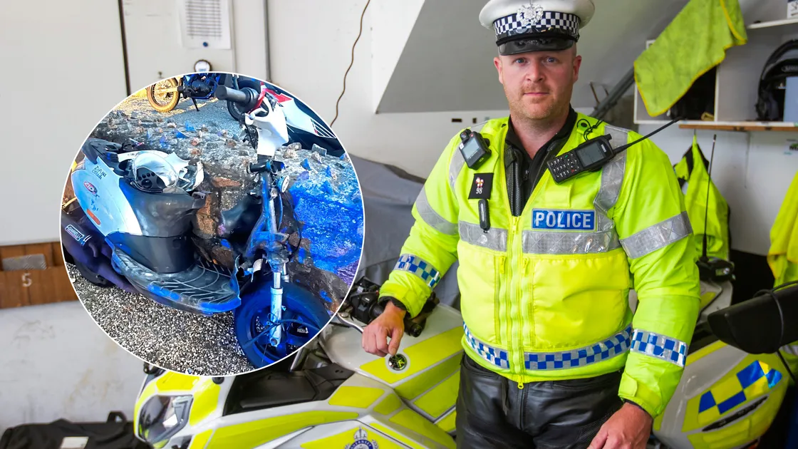 Road policing officer Mat Du Port has urged bike riders to stay safe after a spate of crashes. Inset: A scooter involved in the crash at Rue de La Ronde Cheminee on Tuesday night. (Picture by Sophie Rabey, 33344971)