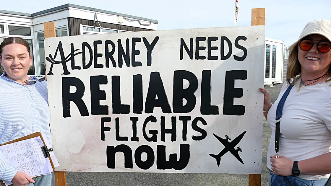 Alderney Airport protest organisers Cindy and Emma Walden. They have also launched a petition which will be sent to the States of Guernsey.