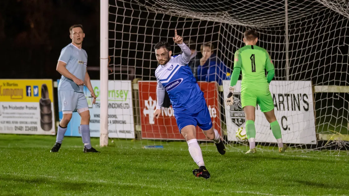 Jake Stephens celebrates scoring the first goal for Rovers on his debut on Wednesday night at Blanche Pierre Lane. (Picture by Andrew Le Poidevin, 29369781)