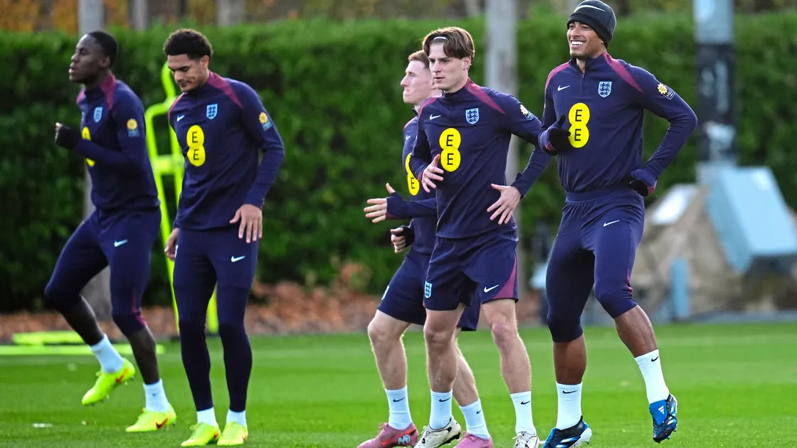 England's Alex Scott (second right), Jude Bellingham (right) and teammates during a training session at the Tottenham Hotspur Training Ground
